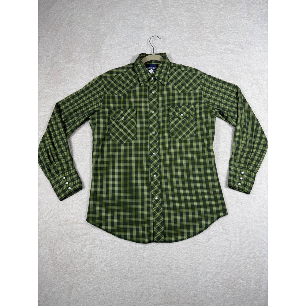 Wrangler Western Shirt Mens Medium Green Plaid vintage Pearl Snap Cowboy Rodeo